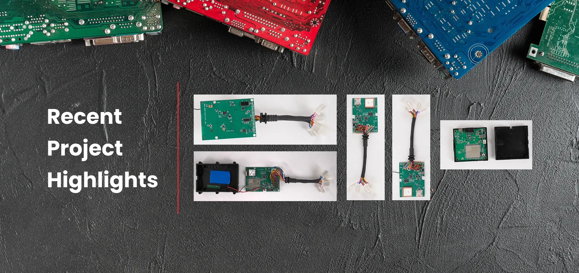 Disassembled components and circuit boards arranged for gps tracking device development.