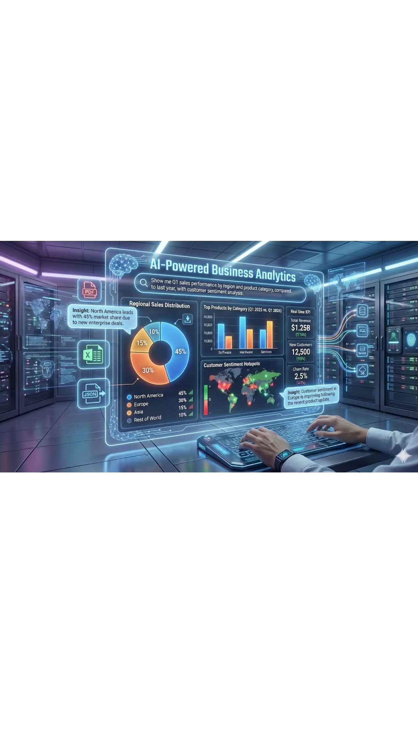 AI business analytics dashboard with charts and real-time data.