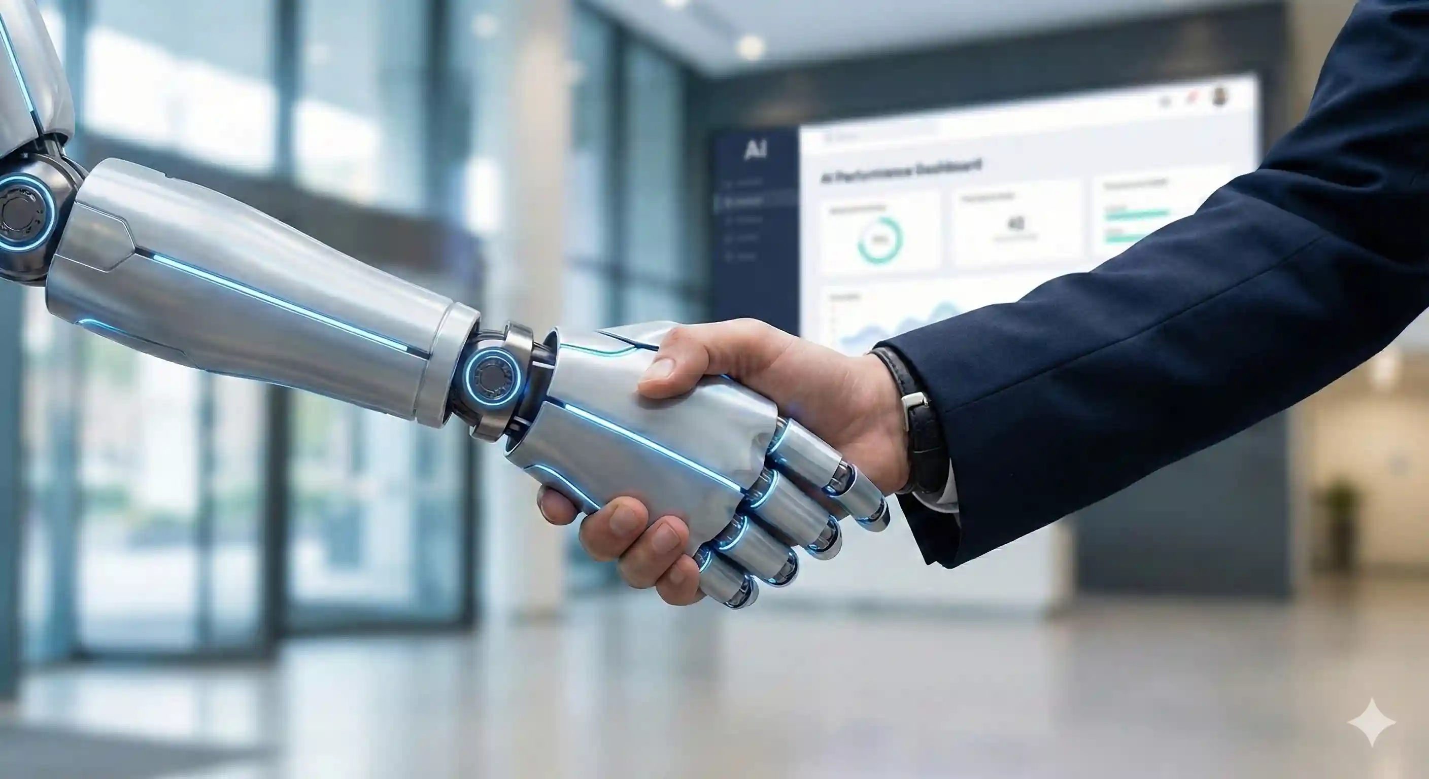 Human shaking hands with a robot in an AI business setting.