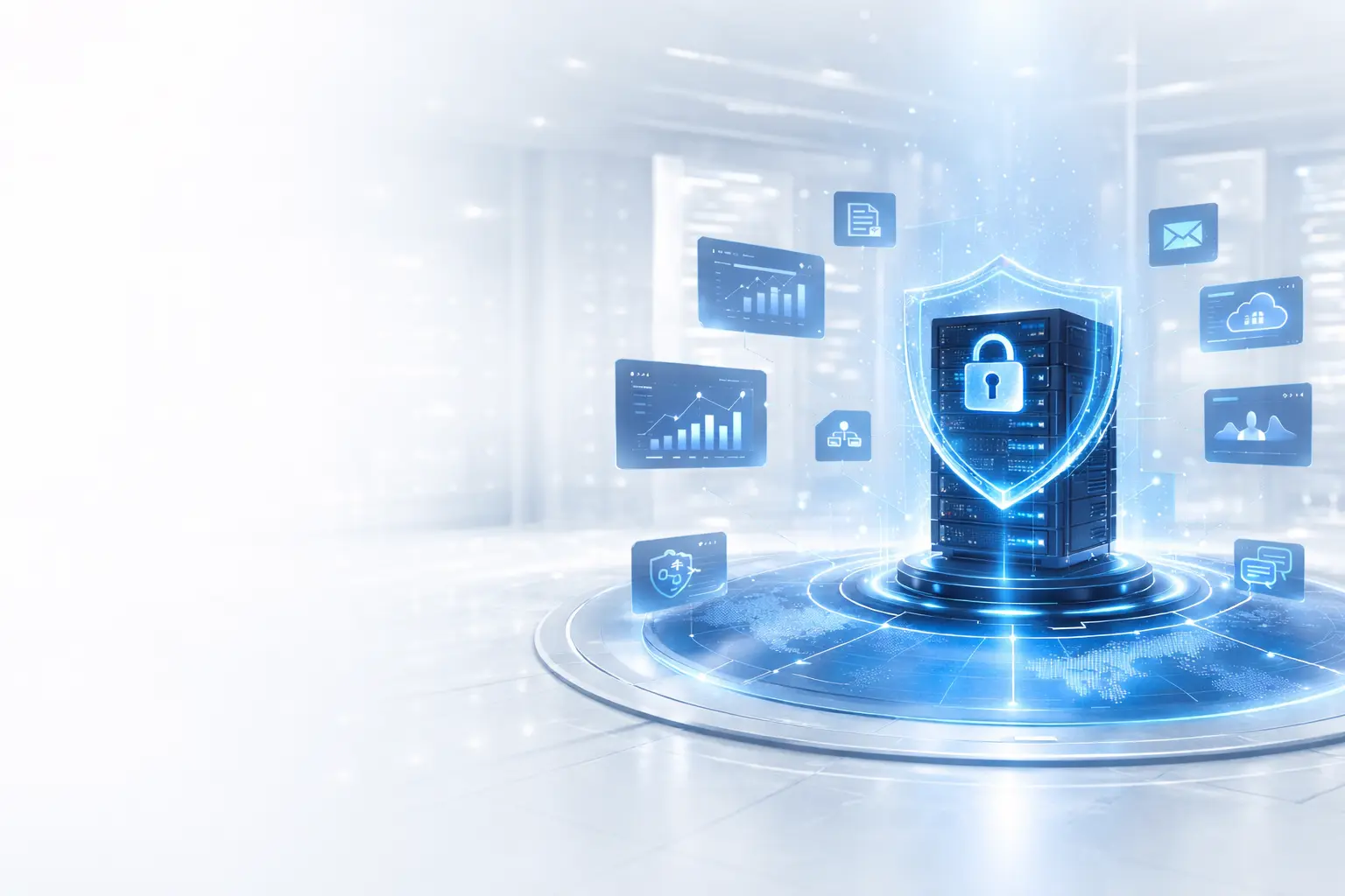 erp cloud security system with protected server infrastructure and digital shield representing secure ERP data management