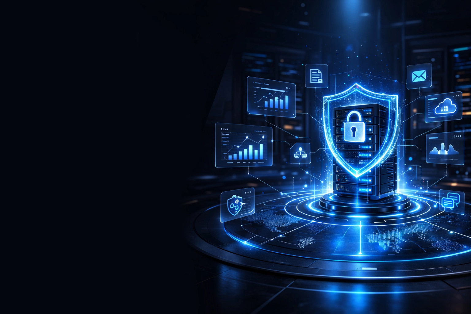 erp cloud security system with protected server infrastructure and digital shield representing secure ERP data management