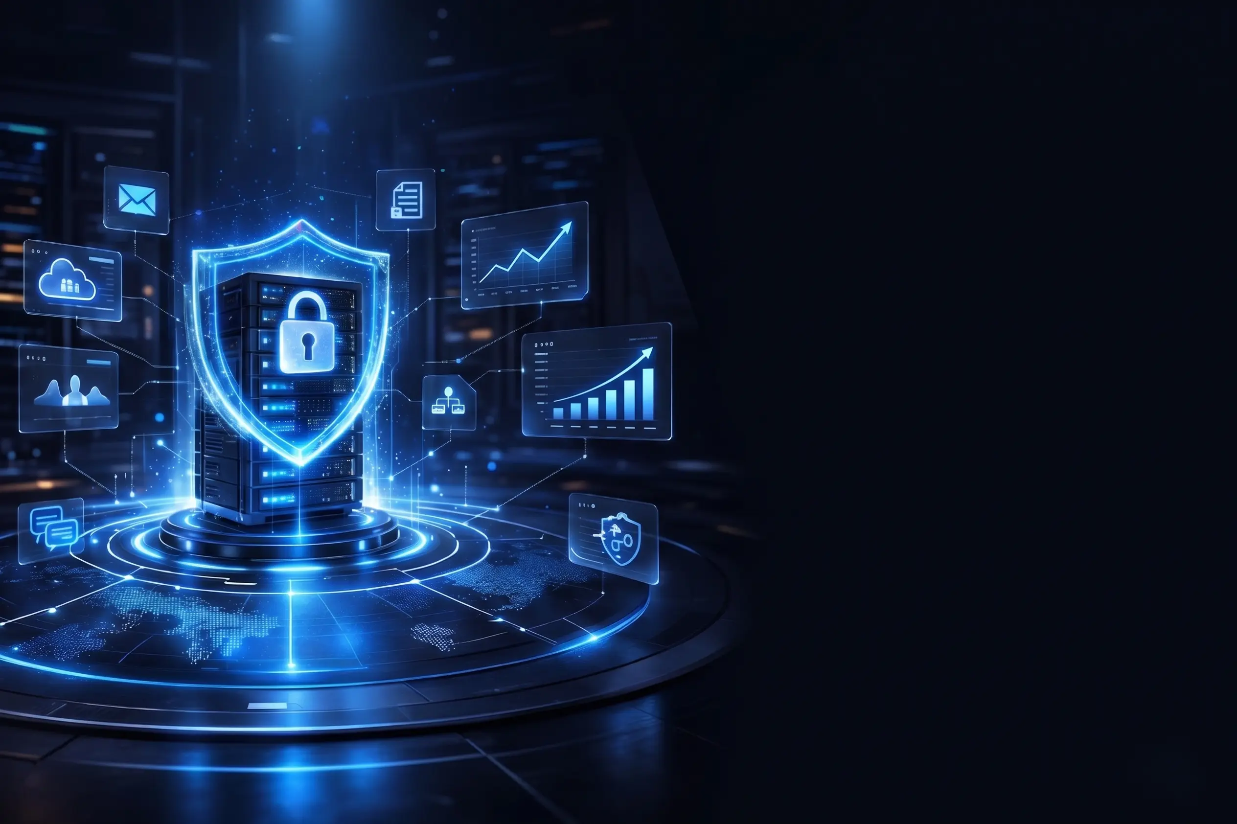 sboss-erp cloud security system with protected server infrastructure and digital shield representing secure ERP data management