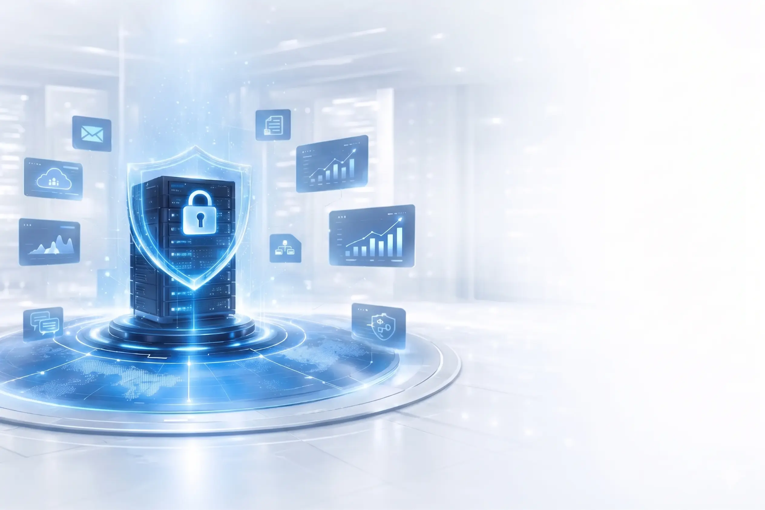 sboss-erp cloud security system with protected server infrastructure and digital shield representing secure ERP data management