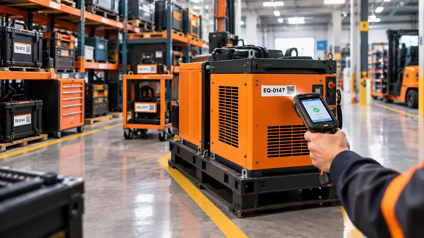 A warehouse worker scanning an equipment cabinet to locate a tool