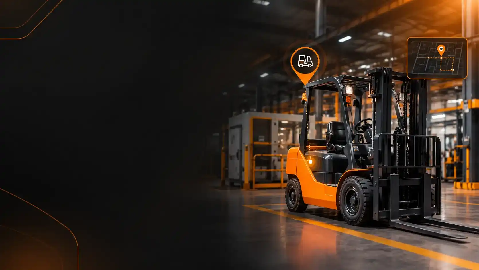 Industrial facility with equipment, tool carts, and a forklift connected by indoor asset-tracking signals