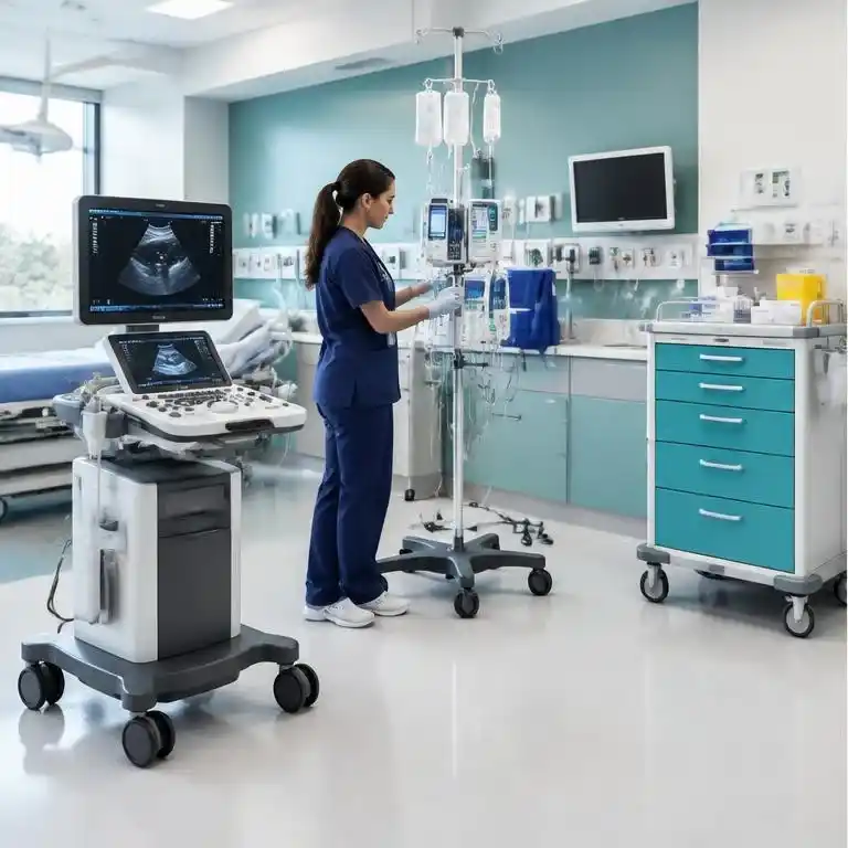 Nurse checking portable medical equipment in a hospital
