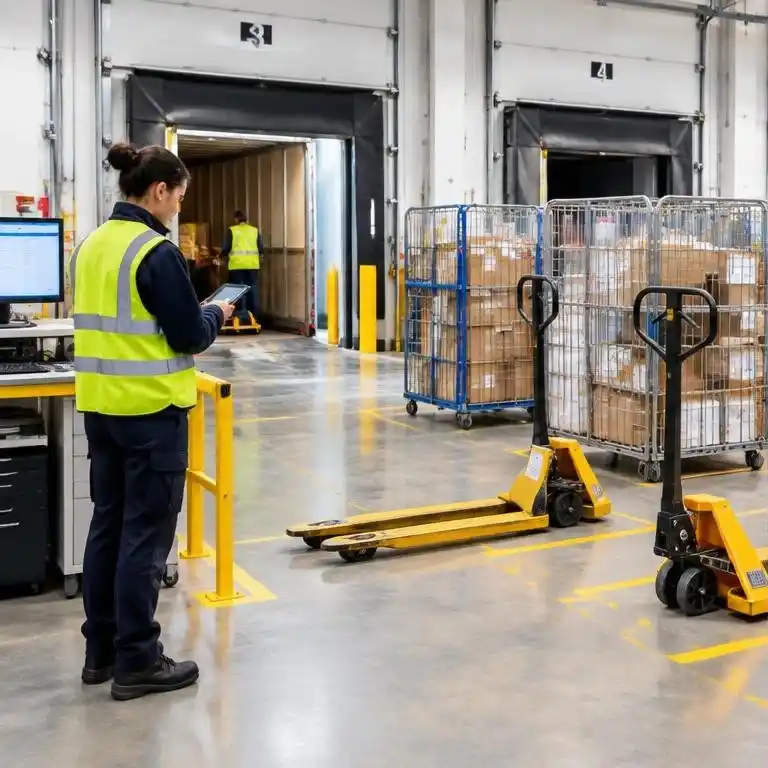 Logistics loading area with pallet trucks and rolling parcel cages
