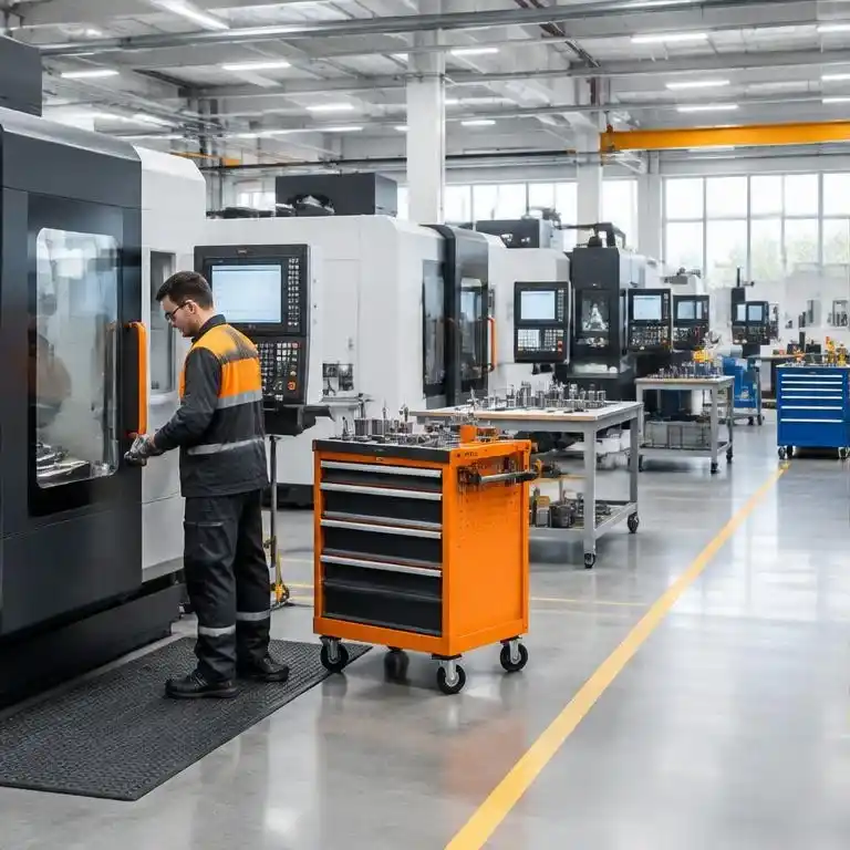 Manufacturing floor with machinery and a mobile tool cabinet