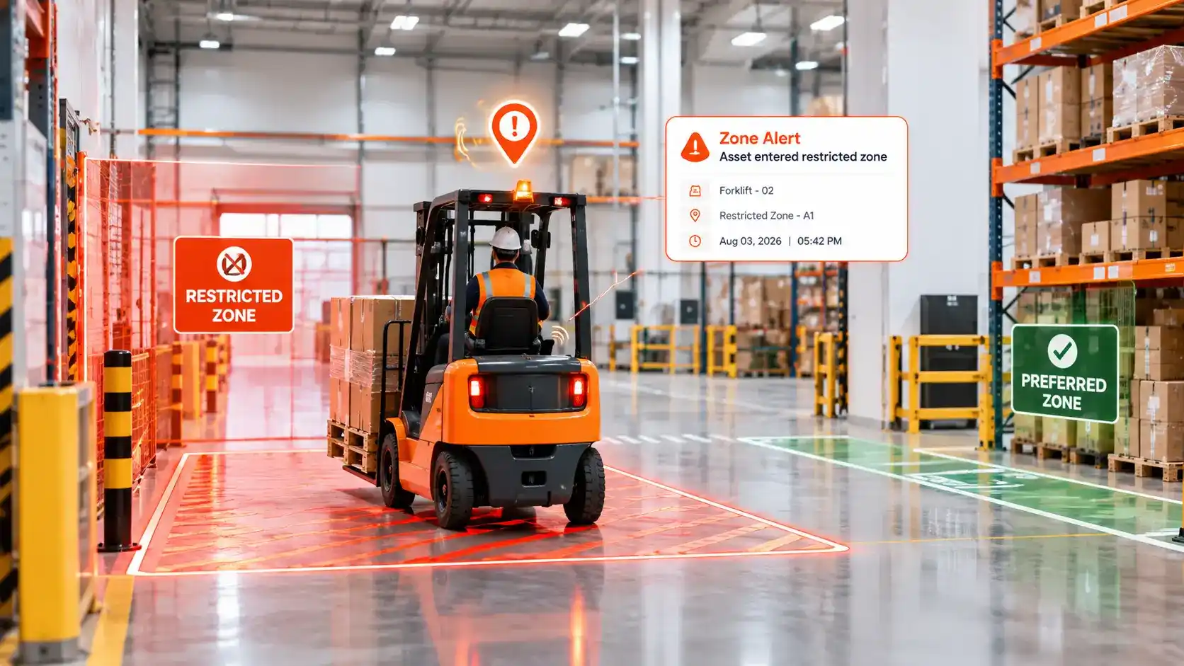 A safety manager checking a monitored access point in a warehouse