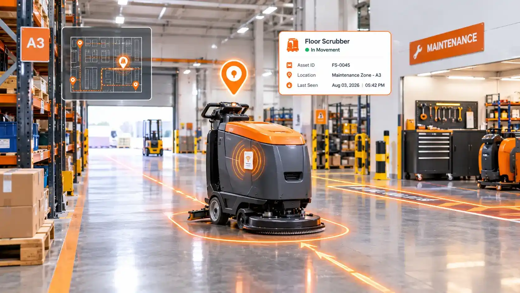 A technician moving a tagged equipment cart across a factory floor
