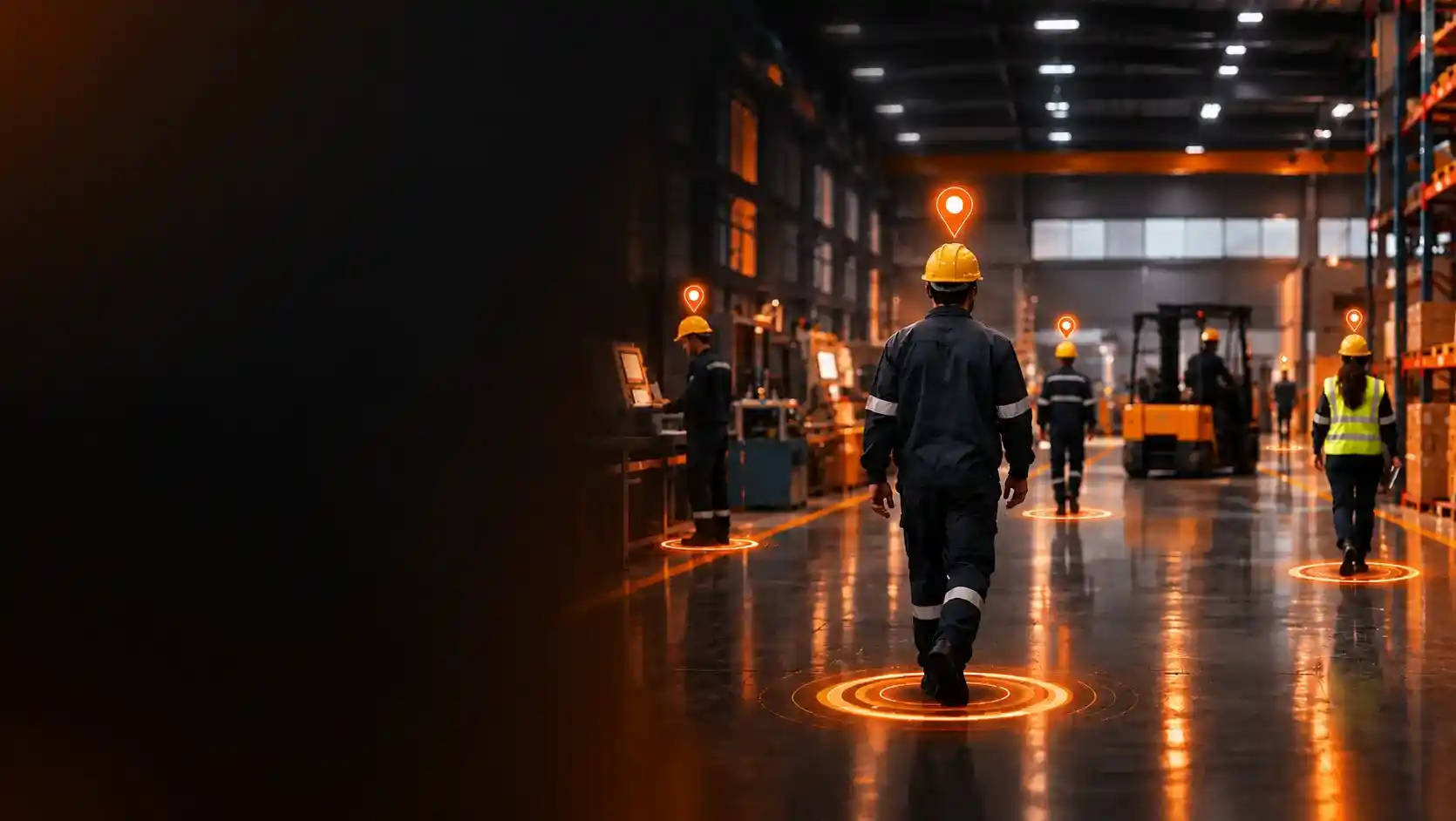 Futuristic smart factory floor with personnel tracked by indoor people-tracking signals