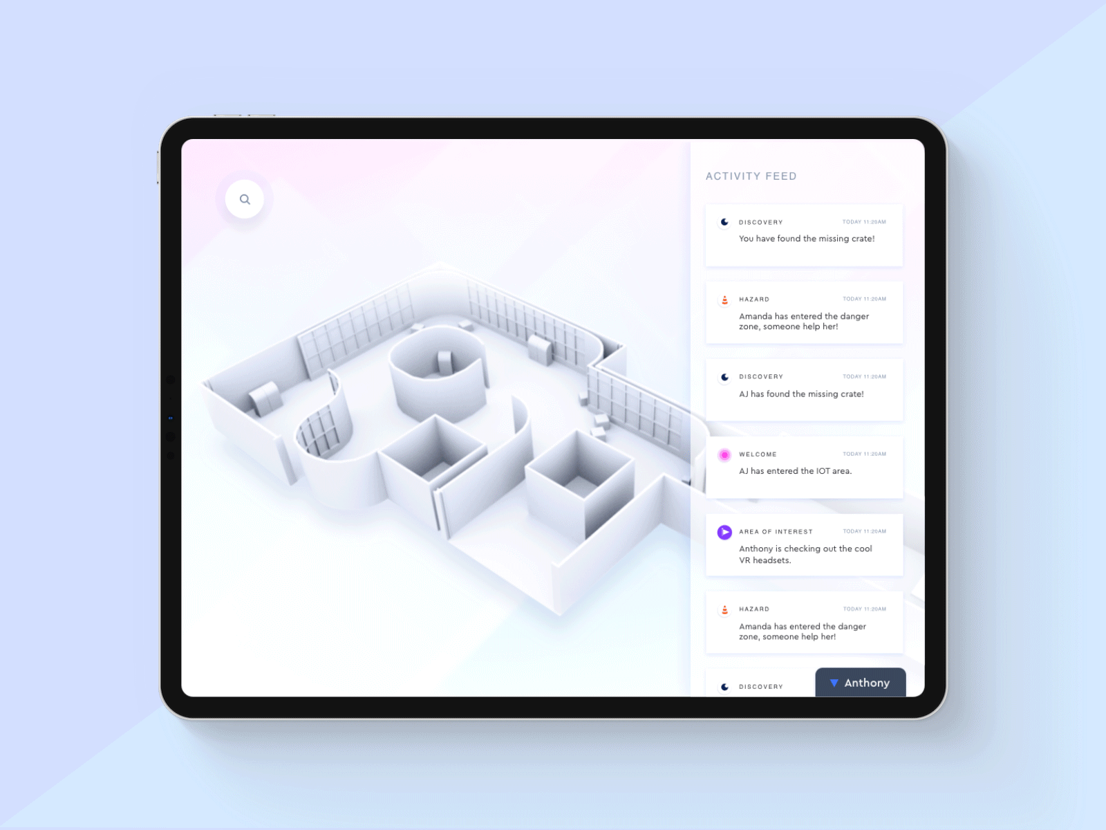 indoor tracking system dashboard showing real-time workforce and asset location monitoring on an indoor map
