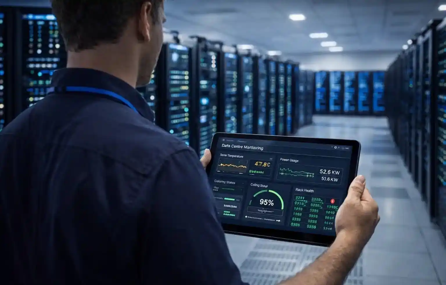 Data center server room with monitoring systems