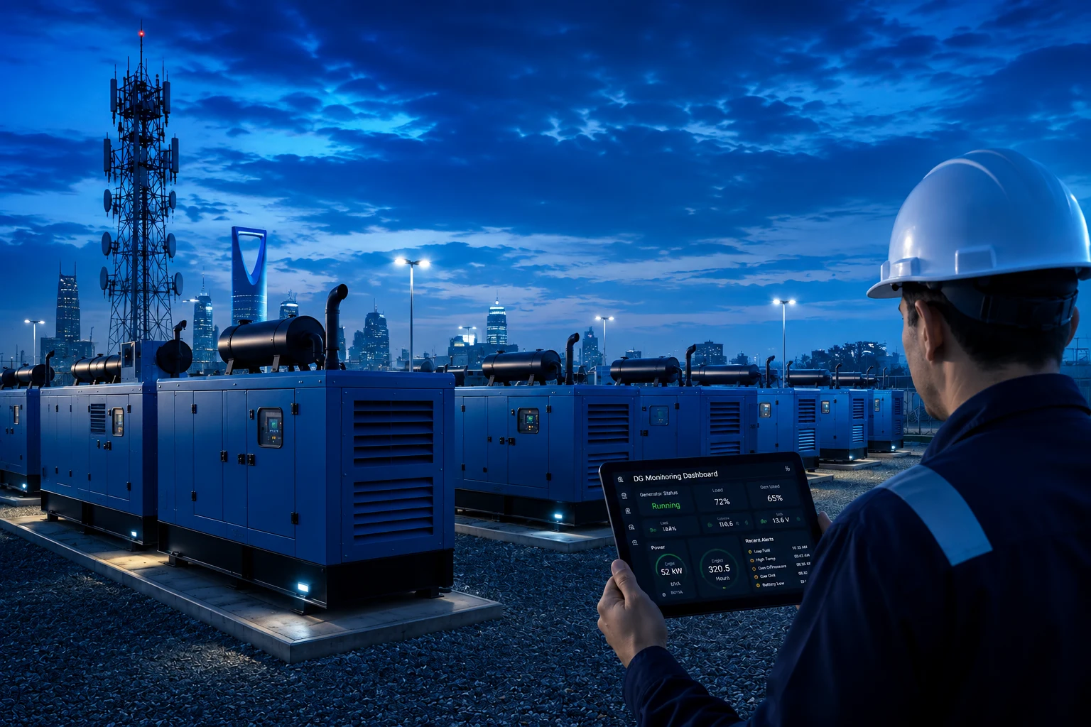 Diesel generator fault monitoring dashboard highlighting operational challenges across Riyadh