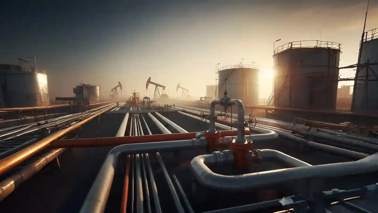 Aerial view of oil field with pump jacks and pipelines representing IoT-based real-time oil field monitoring.