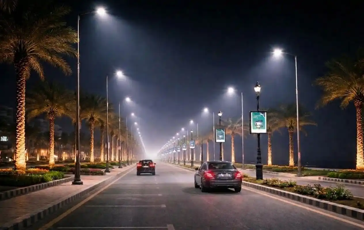 smart street light monitoring system illuminating a modern city road at night with IoT-enabled poles