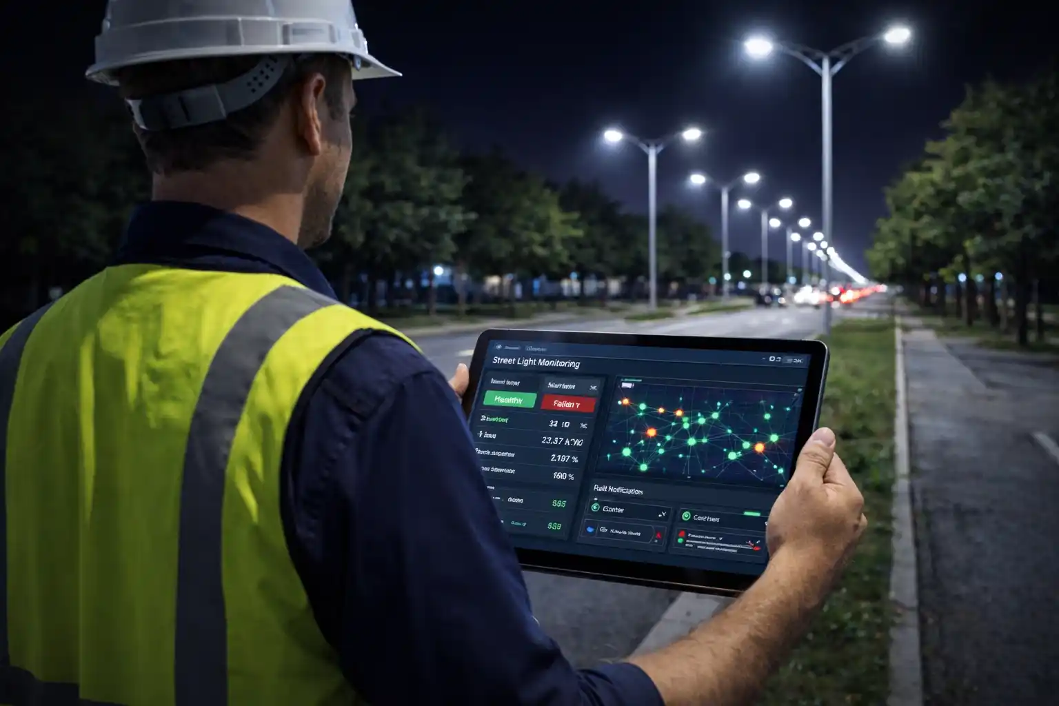 Technician using a tablet for smart street light monitoring system inspection along a road at night.