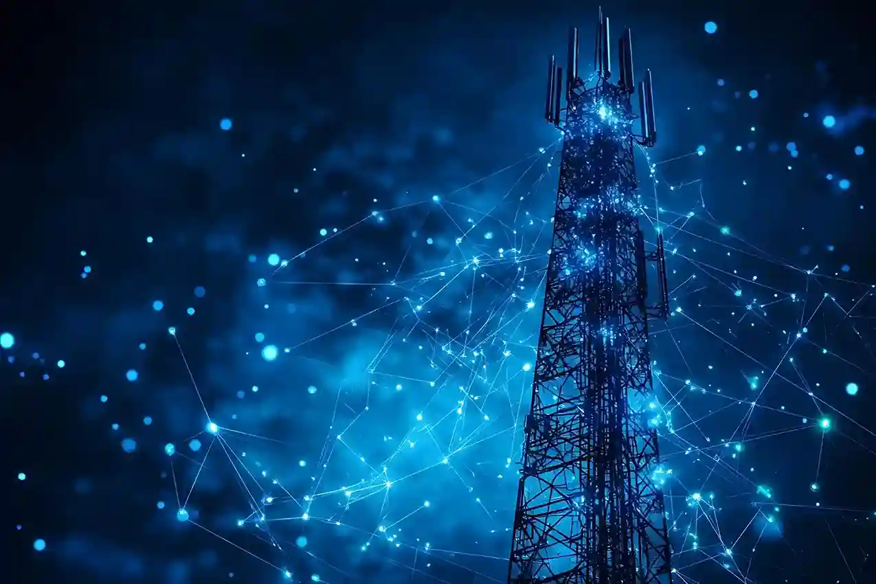 Telecom tower with digital network overlay for IoT-based telecom power management.