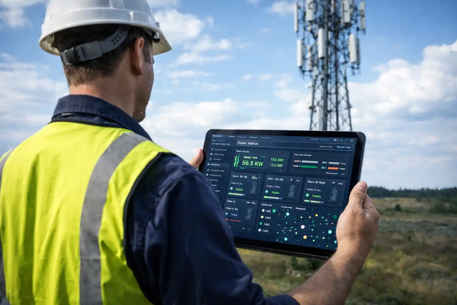 Telecom Power Monitoring with IoT Technician monitoring telecom tower performance on tablet using IoT-based telecom power management system.