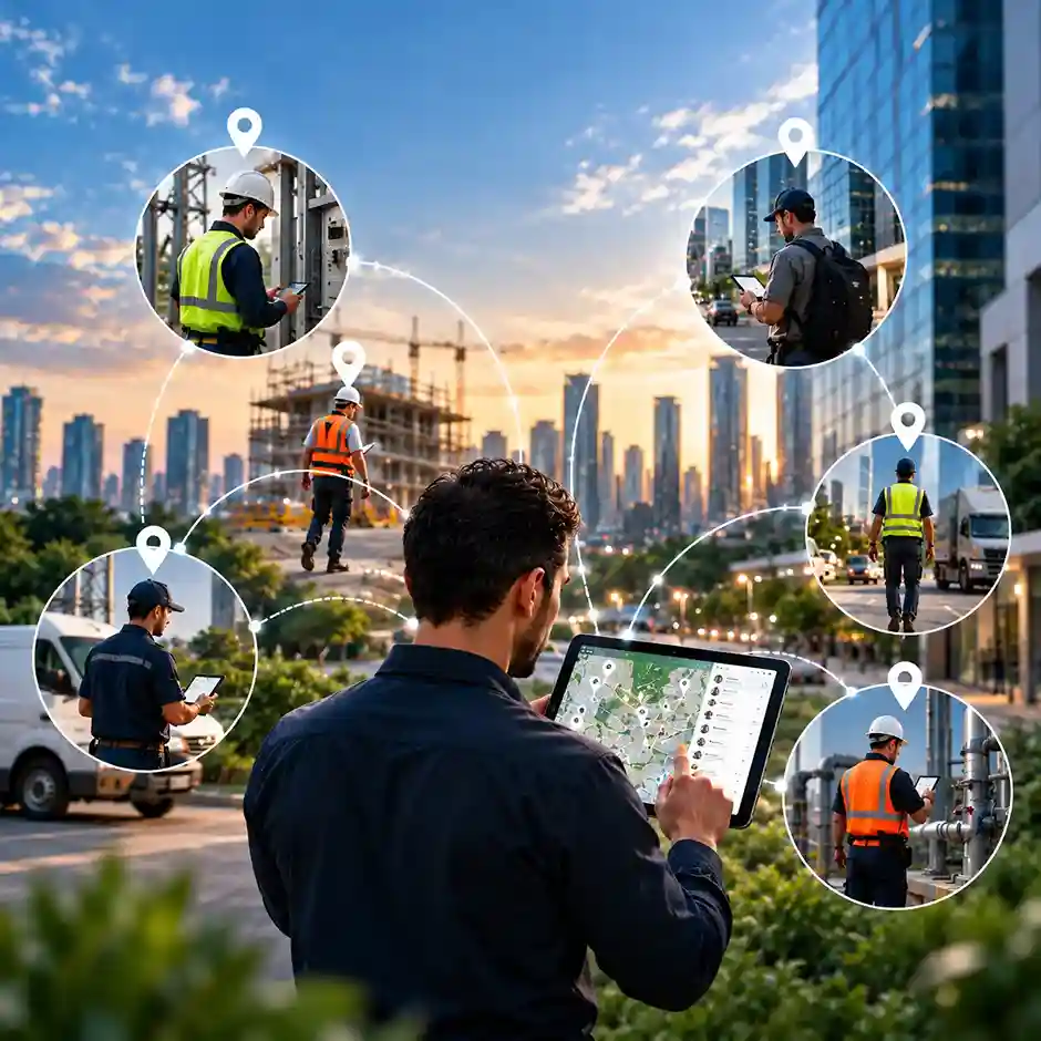 MobiCop mobile application on Android and iOS showing live tracking and task management screens